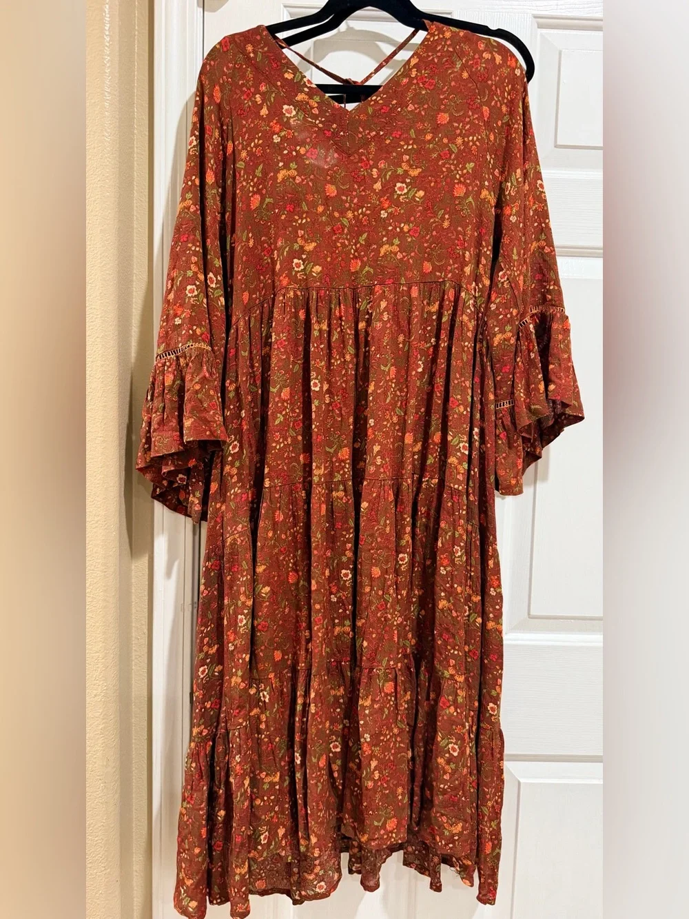 Easel Rust Floral Boho Tiered Maxi Dress with Tassel Tie - Picture 5 of 5